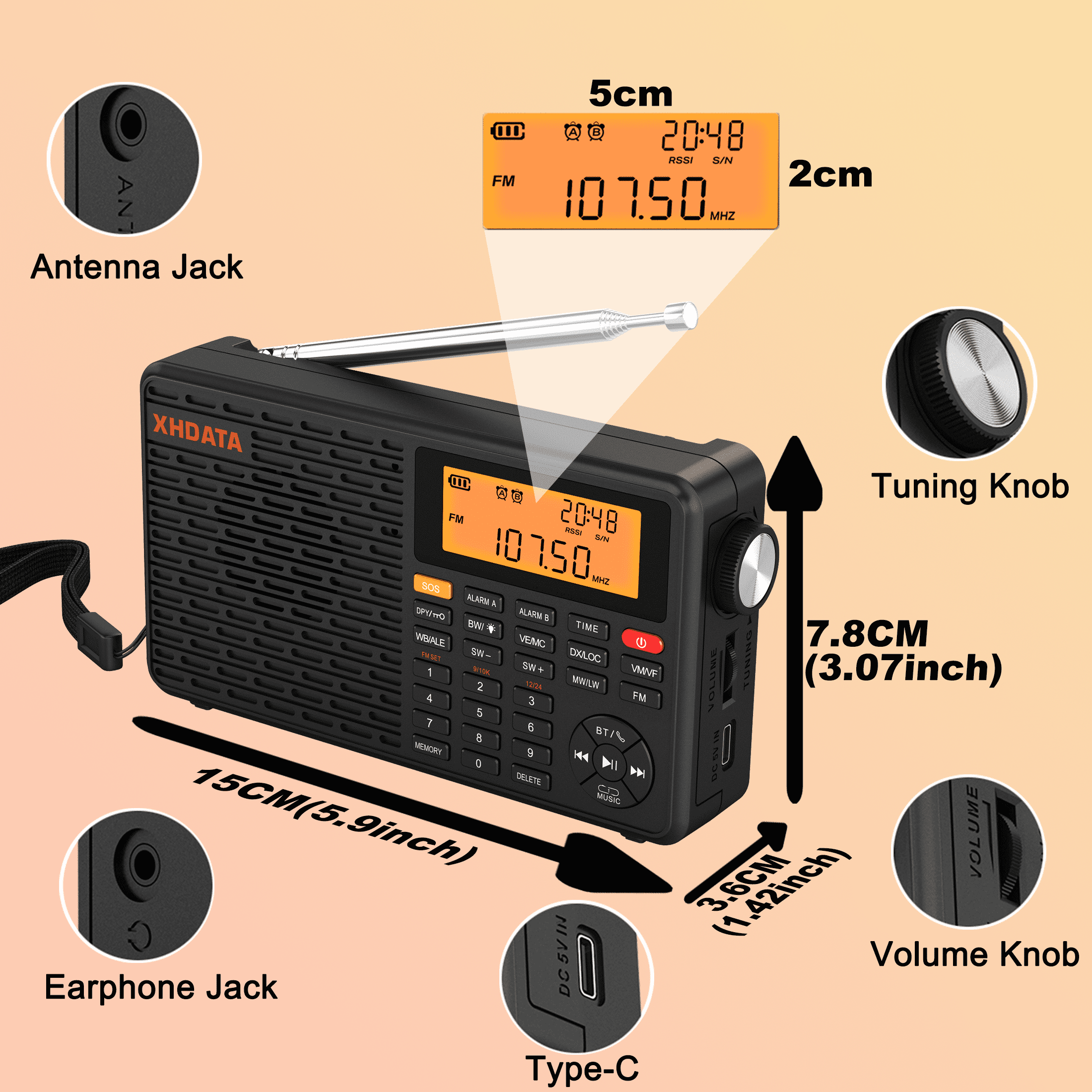 XHDATA d-109wb FM/MW/LW/SW/NOAA Global Band Emergency Radio with  Bluetooth MP3 Music player,TF card, LCD Backlight,SOS