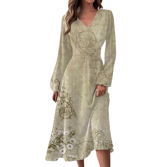 Women's Autumn Winter Casual V-Neck Long Sleeve Floral Print Long Dress, Beige, Size L