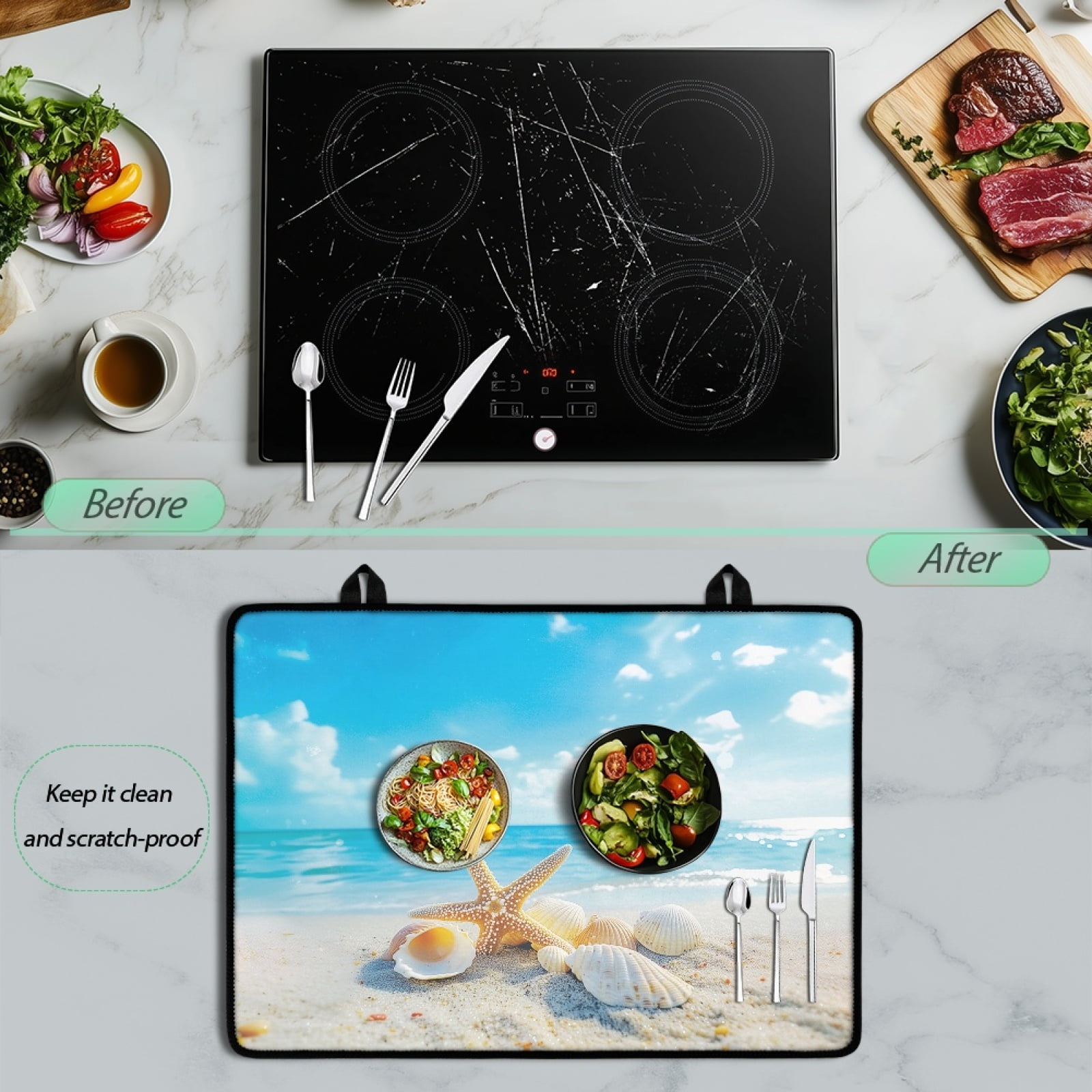 Renewold Stove Top Cover for Electric Stove, Non-skid Glass Electric Stove Top Mat, Induction Electric Stove Top Protector for Kitchen Counter Top, Beach Starfish Seashell Blue Sky