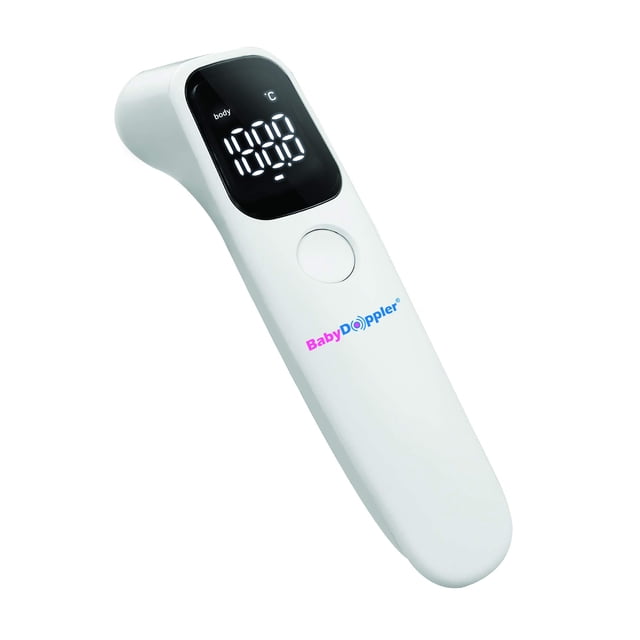 termómetro para bebés, doppler, temperatura infrarroja para la frente termómetro sin contacto blanco con pantalla LED retroiluminada que muestra dígitos grandes, cuerpo ergonómico tipo pistola con botón circular y logotipo BabyDoppler en el mango; modos frente y oreja, lectura instantánea y memoria de 16 mediciones; suele usarse también para verificar biberones o agua de baño.