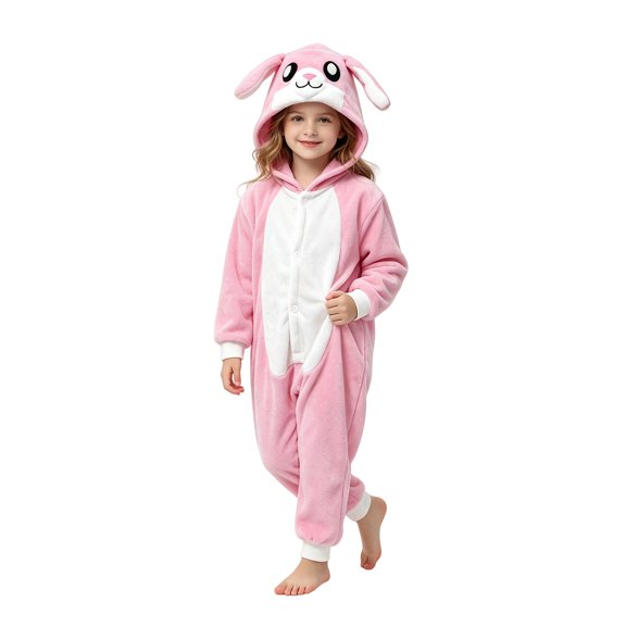 KAUOD Girls Onesie Rabbit Hooded Fleece Button up Animal Onesie Soft Cozy Hooded Jumpsuit Kids Fall Winter Outfits Cute Clothes