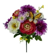 Mainstays 19in Indoor Artificial Floral Bouquet, Dahlia Flower with Butterfly Decor, Purple Color.