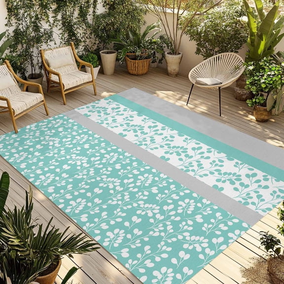 Turquoise Floral Outdoor Rug 5x8 Ft - Reversible Patio Rug Outdoor Camping Rugs, Botanical Blossom Motif Boho Grey Stripes Indoor Outdoor Area Rugs, Non-Slip Outdoor Carpet Runner for Deck/Porch