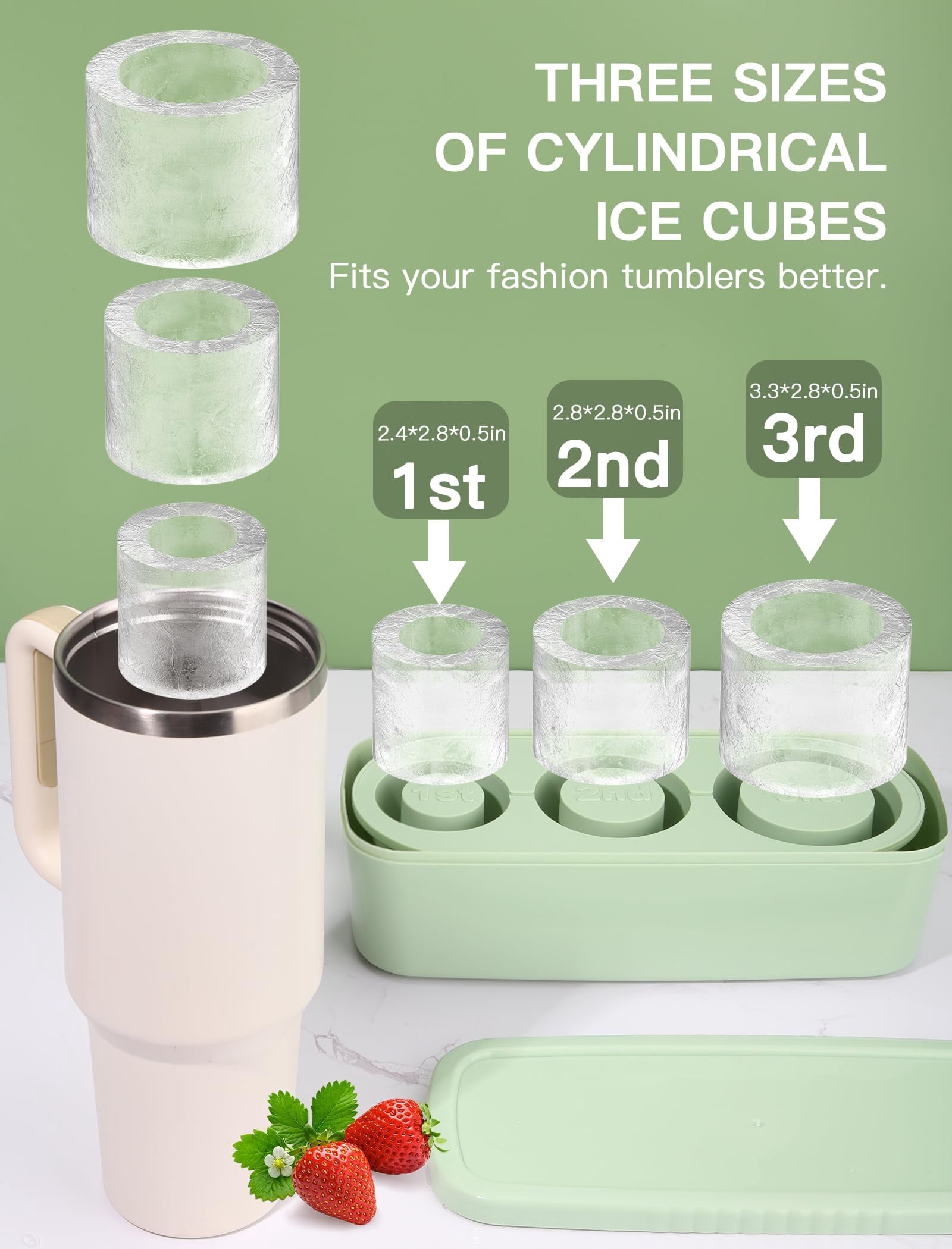 Ice Cube Tray For Tumbler Cup 30oz-40oz  3 Silicone Cylinder Mold With Lid And Bin Freezer Easy Fill Release Maker Cocktail (green 40oz-type1)