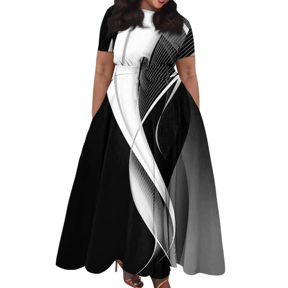 Dorkasm Plus Size Formal Dresses for Curvy Women 3/4 Sleeve A-Line Flowy Printing Maxi Dress Pockets Black 3XL