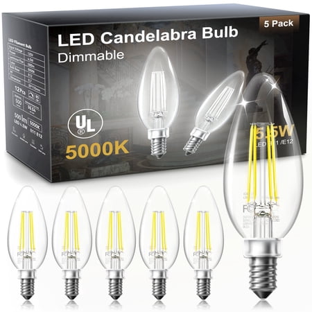 DAYBETTER B11 Filament Candle Light Bulbs, 5.5W E12 Led Candelabra Bulbs 60W Equivalent, Dimmable Chandelier Light Bulbs, High Brightness 570 LM Daylight 5000K, Clear Glass Style for Home, 5 Pack