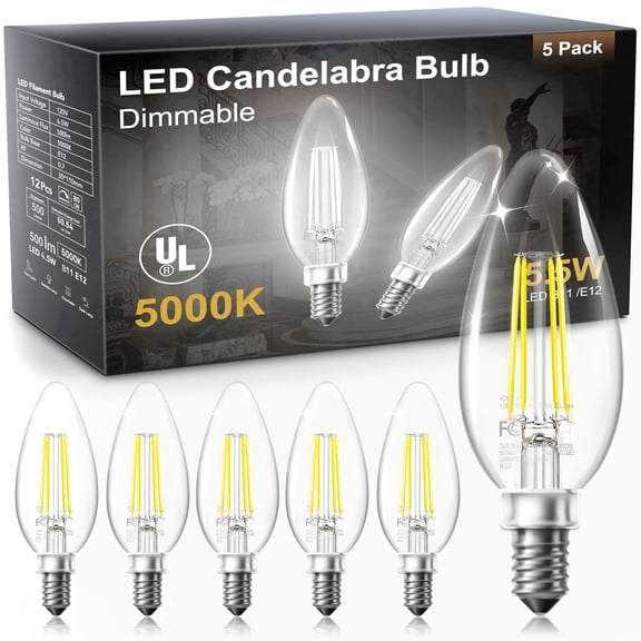DAYBETTER B11 Filament Candle Light Bulbs, 5.5W E12 Led Candelabra Bulbs 60W Equivalent, Dimmable Chandelier Light Bulbs, High Brightness 570 LM Daylight 5000K, Clear Glass Style for Home, 5 Pack
