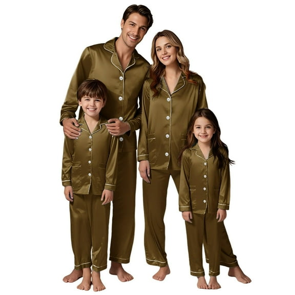 HNMKIU Christmas Family Pajamas Matching Sets Long Sleeve Silk Like Satin Sleepwear Pure Color Two Piece Set for Mom Brown,Mom_L