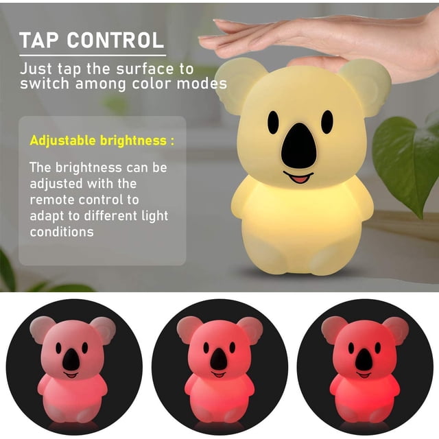 LED - Luz Nocturna Recargable USB en Silicona, 2 Modos Diferentes y 8 Colores Variables, Control Remoto y Táctil (Koala)