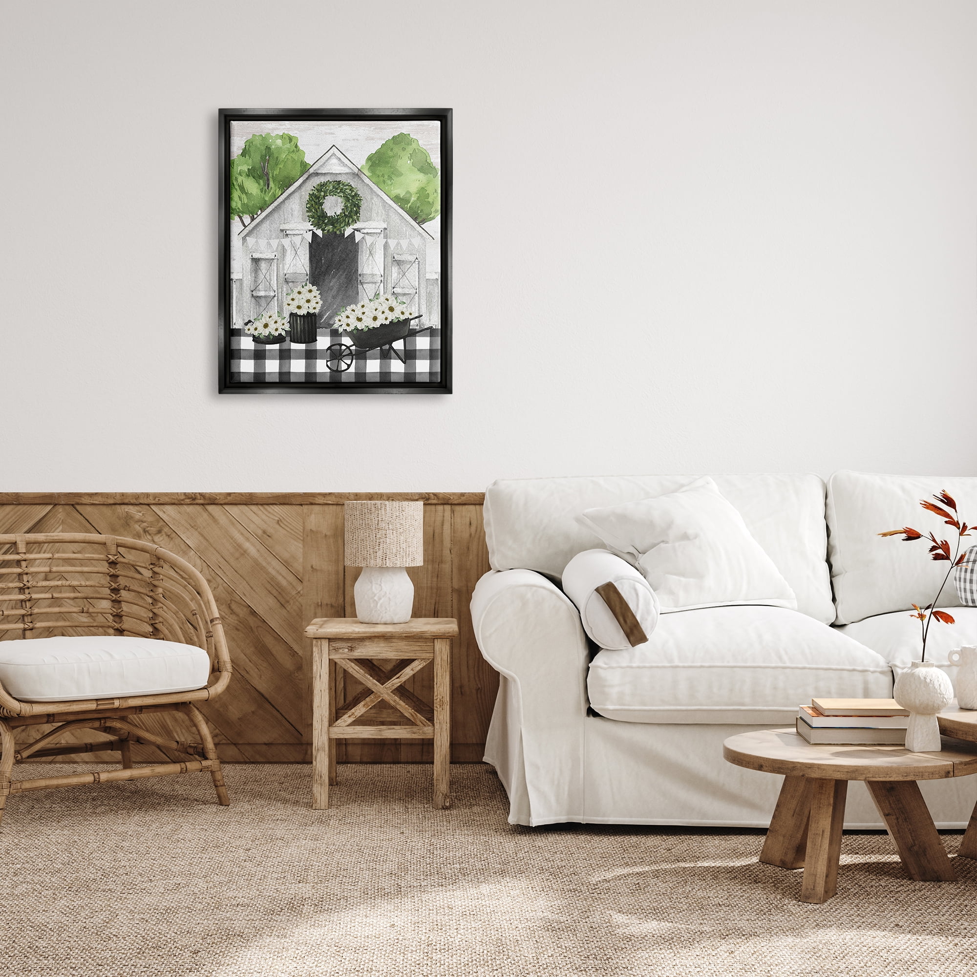 Stupell Industries Plaid Barn with Floral Wagon Botanical & Floral Painting Black Floater Framed Canvas Art Print Wall Art, 25 x 31