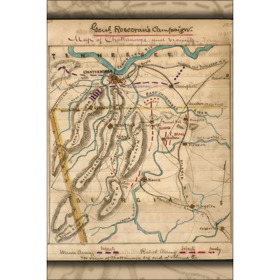 24"x36" Gallery Poster, Map of Chattanooga and vicinity, Tenn 1865