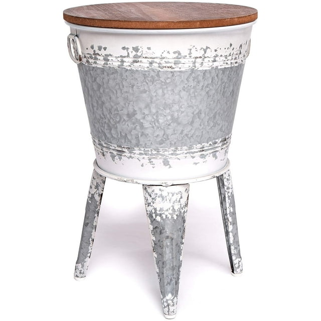 Table d'Appoint Accent Ferme - Table d'Extrémité Rustique Galvanisé. Bac de Stockage en Métal Couvercle en Bois