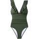 thumbnail image 3 of Traje de baño de una pieza con escote en V para mujer, verde XL, traje de baño de una pieza conservador para mujer, color sólido, con ribetes de bragueta para ocultar el vientre., 3 of 5