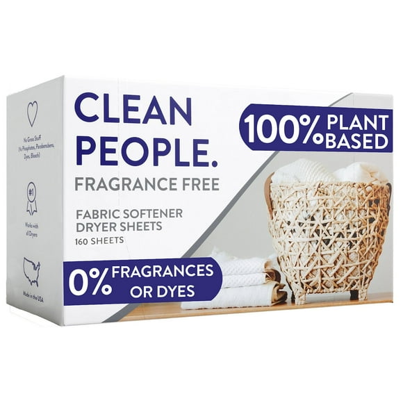 Clean People Fragrance Free Fabric Softener Sheets - Plant-Based, Eco Friendly Dryer Sheets - Naturally Softens & Removes Static Cling - All Natural, Vegan Laundry Softener - Unscented, 2 x 80 Packs