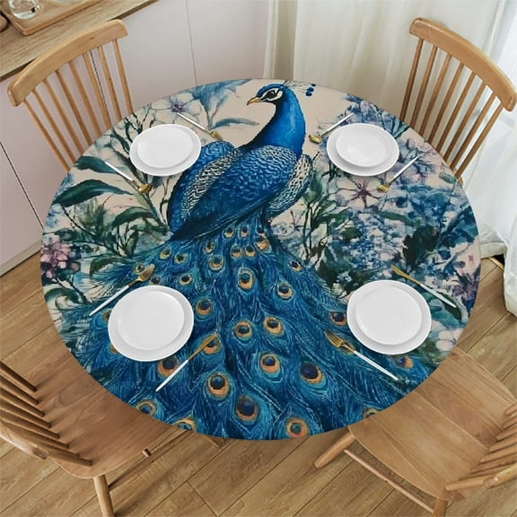 BCIIG Peacock Flowers Leaves Round Tablecloth Stain-Resistant Washable for Indoor Outdoor Dining Wedding Party Home Decor 31"-35