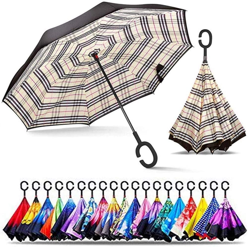BEIGE PLAID The World's First Reversible Umbrella Rain Umbrella Smart-Brella Inverted Umbrella 
