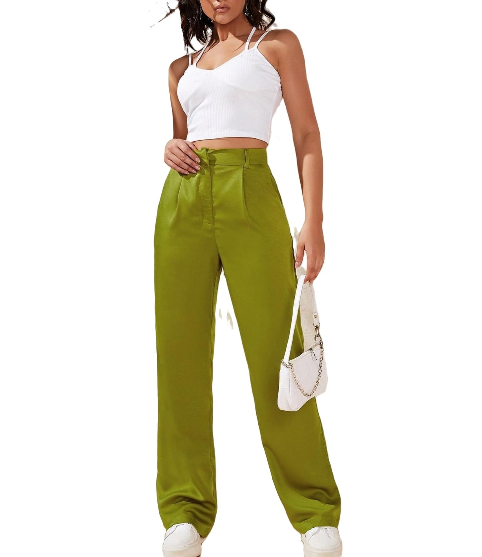 Women's Elegant Plain Straight Leg Lime Green Pants XS (2
