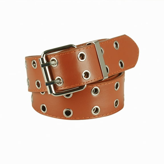 GUIYONG Womens Double Grommet Belt Vintage Punk Waist Belt with Chain Wide PU Belt Adjustable Grommet Belt Brown Belt for Jeans
