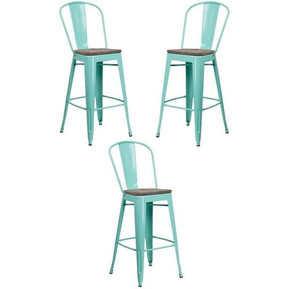 Home Square 30" Metal Bar Stool in Mint Green and Wood Grain - Set of 3