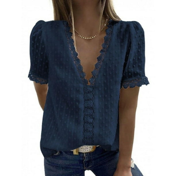 Camisa de gasa con cuello en V profundo encaje bordado manga corta parte Irfora Azul marino XXL