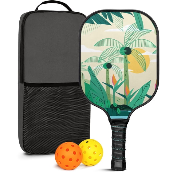 Pickleball Paddles Set Of 1, Fiberglass Surface, Tropical Leaf Print, 1 Paddle, 2 Balls & Bag