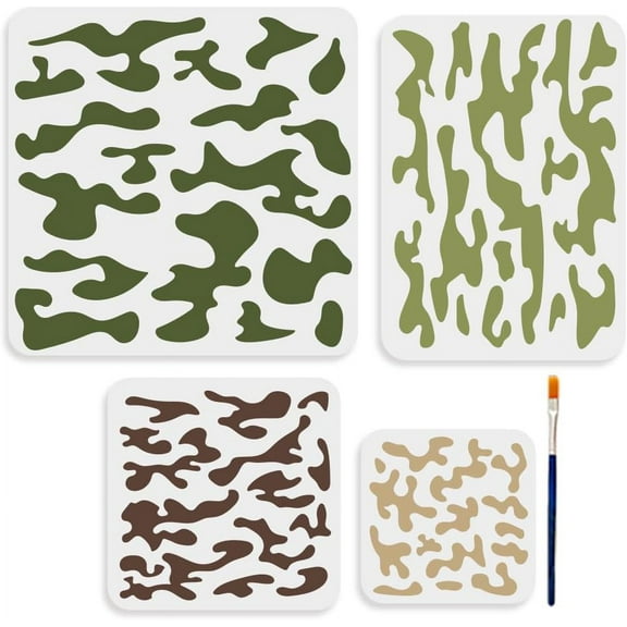1set 4 Size Camo Stencil Camouflage Pattern Stencils 6~11.8inch Reusable Camo Print Stencils with Paint Brush Hollow Out Painting Template for Craft on Window Wood Wall Home Decor DIY Canvas