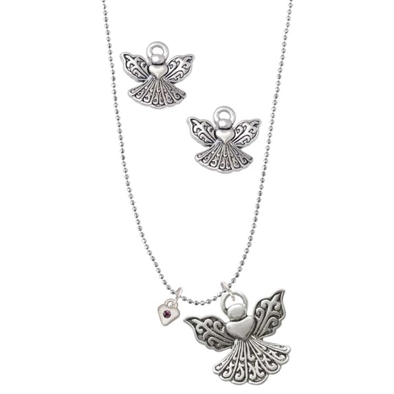Delight Jewelry Silvertone Mini February - Purple Crystal Heart Silver tone Guardian Angel Charm Necklace and Stud Earrings