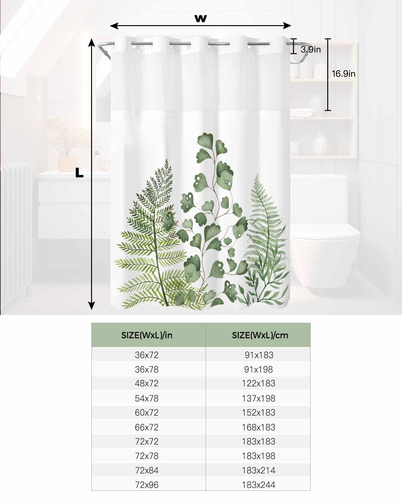 No Hook Shower Curtain with Snap in Liner, Green Fern Plant Leaves Hotel Shower Curtains for Bathroom, Washable Shower Curtain Liner Set with Mesh Top Window, 72"x72"