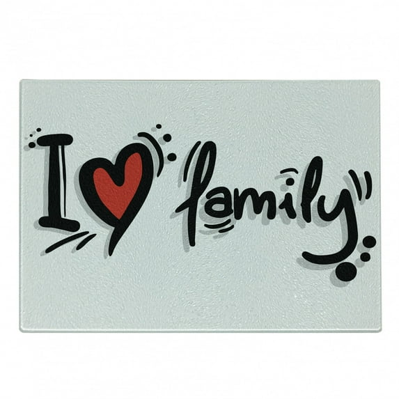 Family Cutting Board, I Heart Family Writing Pictogram Style Art with Dots Happiness, Decorative Tempered Glass Cutting and Serving Board, Small Size, Black Red White, by Ambesonne