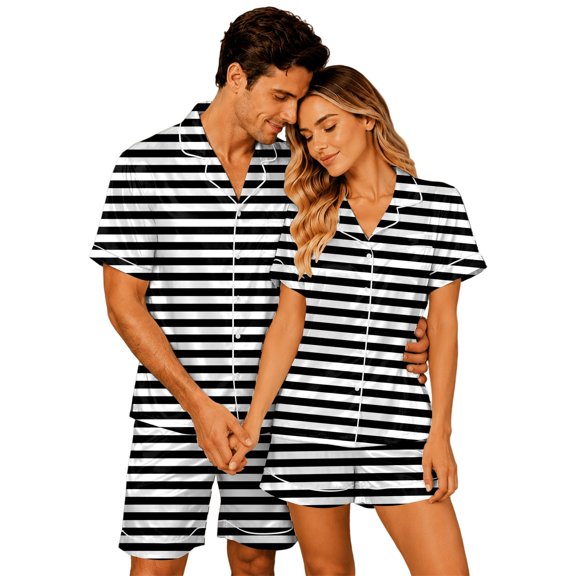 SONXAHE Couples 2‑Piece Satin Stripe Pajama Set Short Sleeve Button Top Matching Shorts Sleepwear