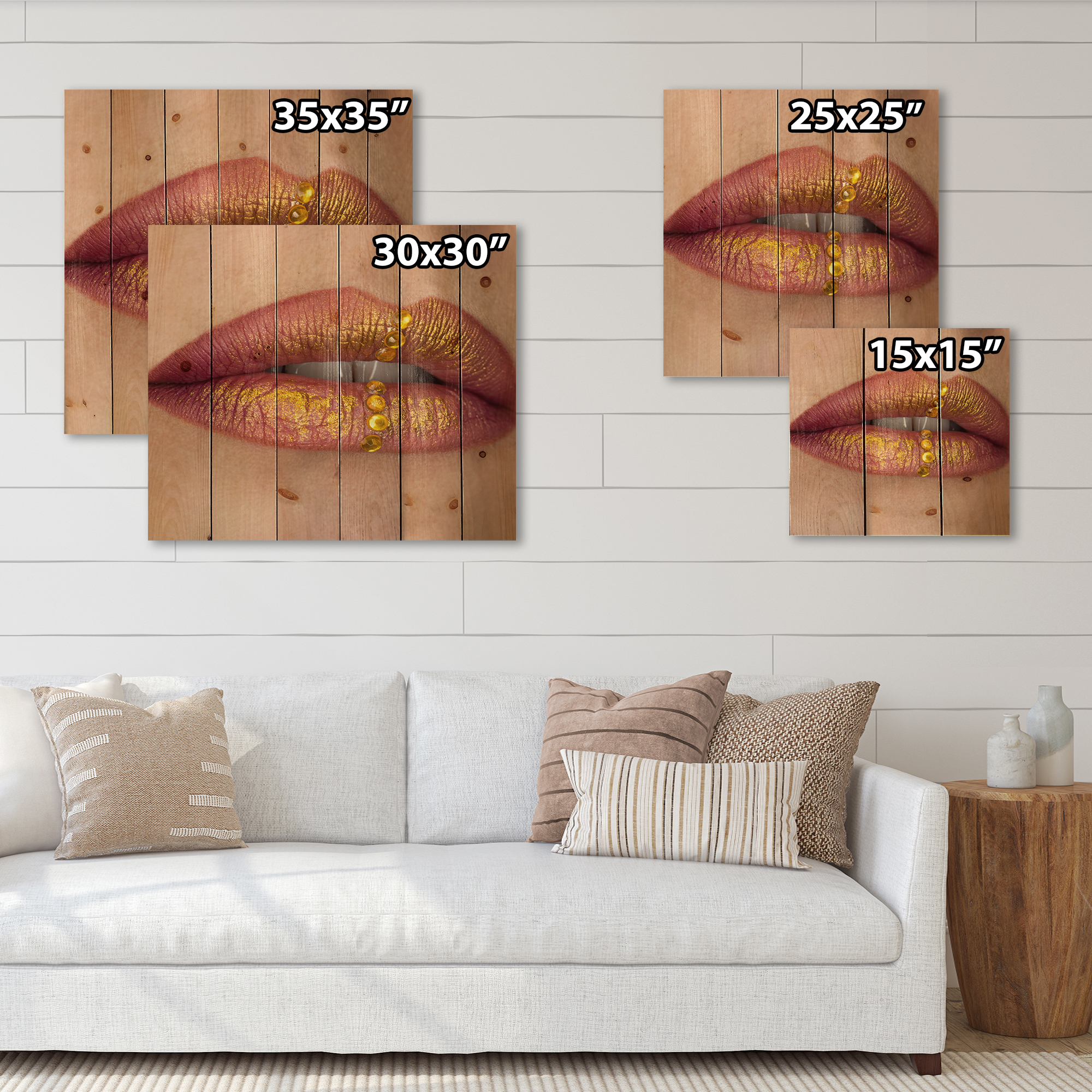 Designart 'Woman Lips Close-Up With Red Lipstick, Gold Paint' Modern Print on Natural Pine Wood