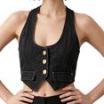 thumbnail image 2 of Elvqul Women's Vintage Halter Neck Denim Outerwear Vest, Cropped Sleeveless Jacket with Metal Button Down for a Stylish Casual Fitted Look, 2 of 5