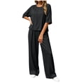thumbnail image 2 of LEKWK Linen Sets for Women 2 Piece Short Sleeve Crewneck Summer Top and Loose Fit Wide Leg Pants Fashion Solid Lounge Beach Vacation Sets, 2 of 6