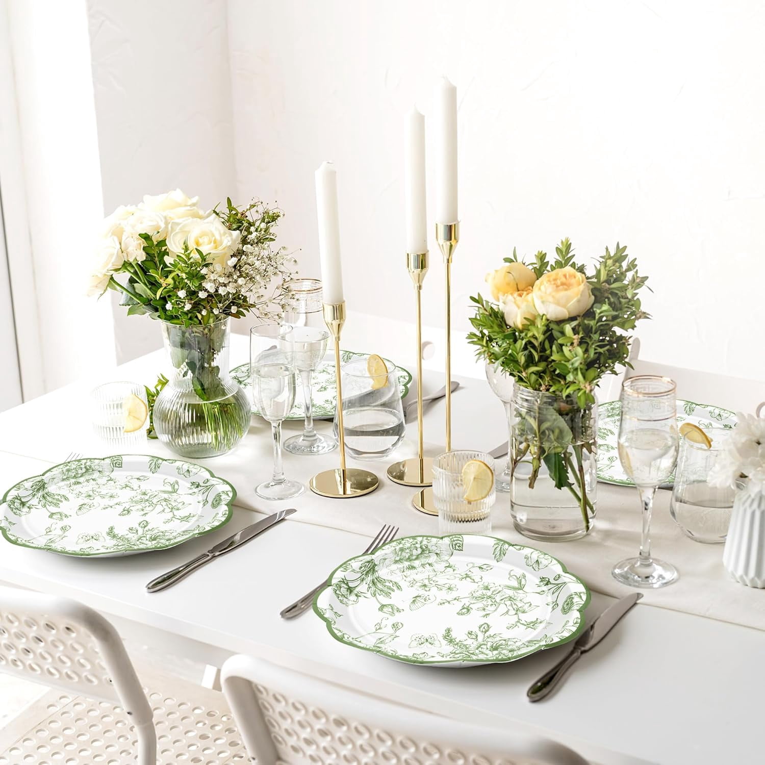 100 Pieces Sage Green Flower Paper Plates 7 Inches Disposable Floral Paper Plate Scalloped Sage Green Chinoiserie Vintage Flower Dessert Plates for Wedding Birthday Holiday Party Supplies