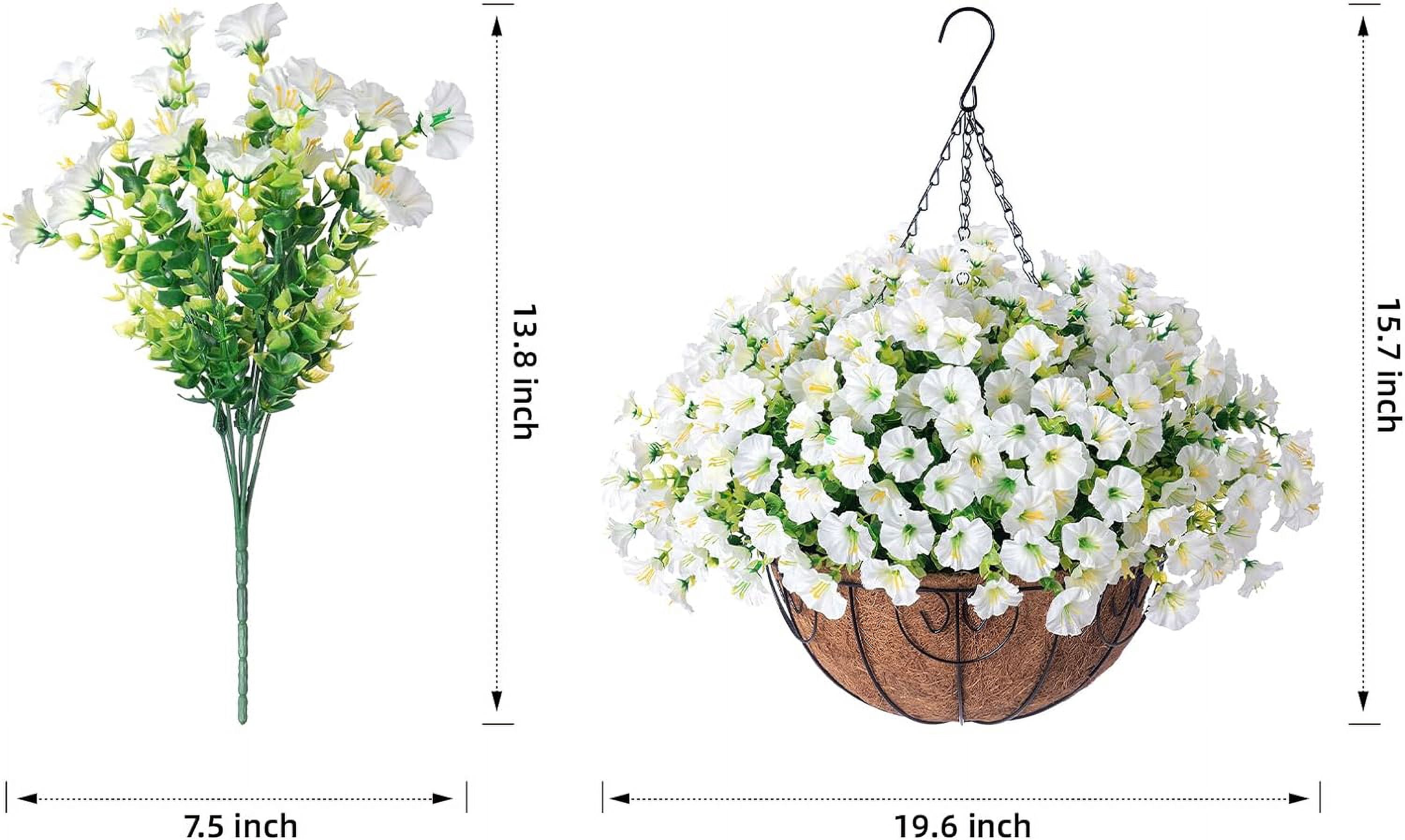 Artificial Fake Hanging Plants Flowers Basket for Outdoor Spring Decoration, Faux Silk Purple Morning Glory Eucalyptus Realistic UV Resistant for Outside Home Porch Patio Balcony Decor
