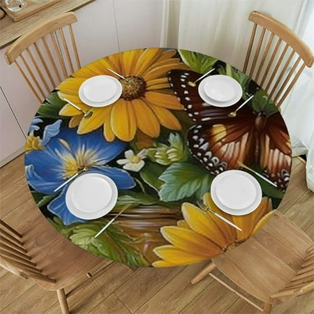 

Patifu Flowers Butterflies Round Tablecloth Stain-Resistant Washable Polyester Fiber Great for Home Kitchen Parties Holiday Dinner 46 -50