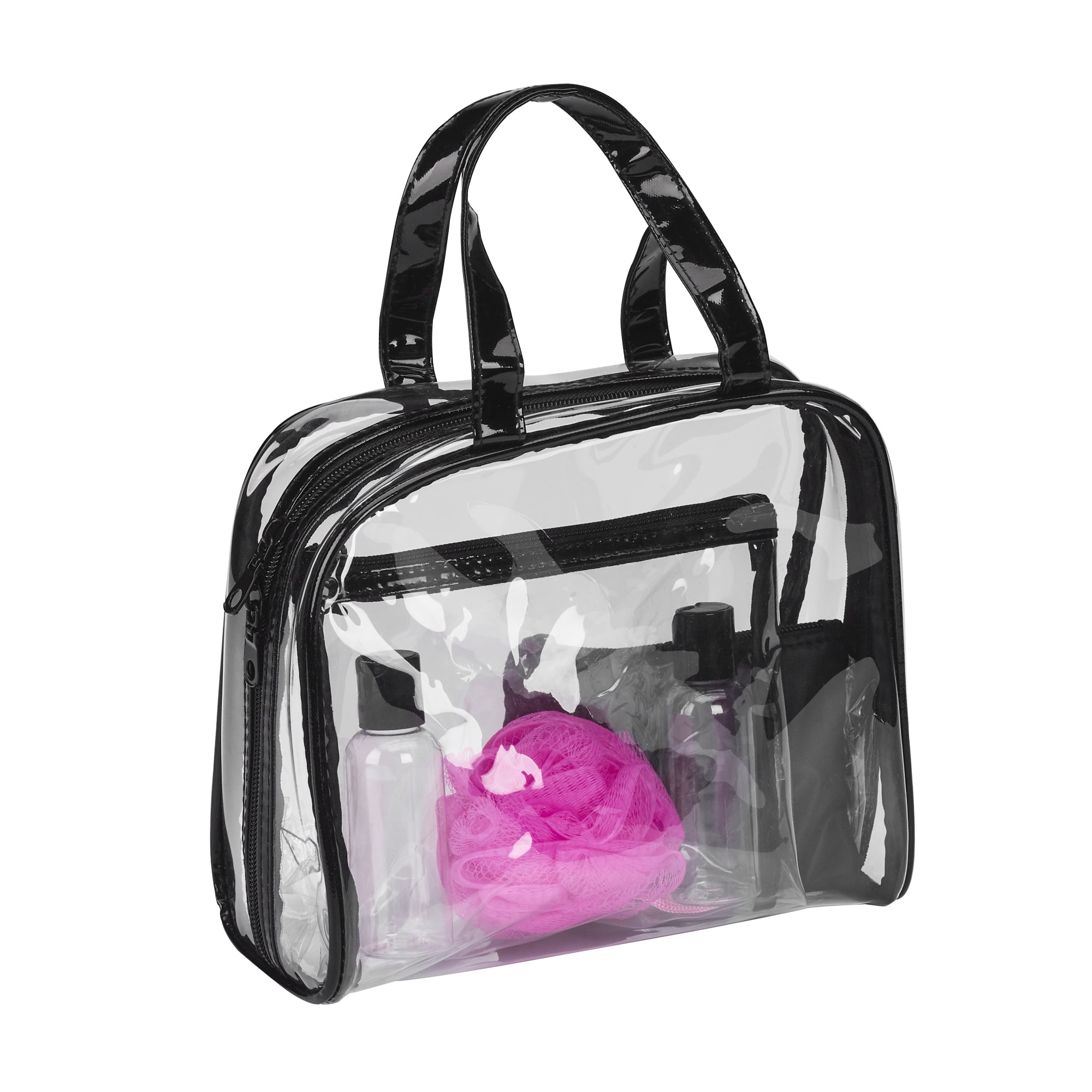 Basics 6 Piece Transparent PVC Travel Tote Includes Small Flat Zipper Pouch Medium Transparent Zipper Pouch 2 Travel Sized Liquid Bottles Compact Loofah Walmart