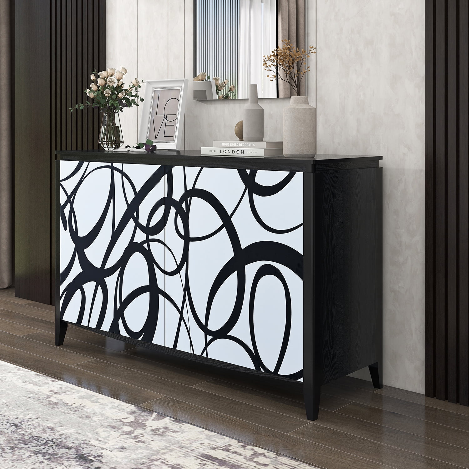 Kadyn Modern Sideboard Buffet Storage Cabinet, Accent Storage Cabinet with 2 Decorative Doors, 2 Drawers and 4 shelves, Solid Wood Cabinet for Living room, White+Black