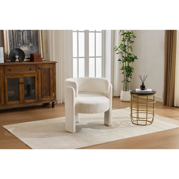 Modern Accent Chair, Boucle Upholstered Armchair with Sculptural Design, Comfy Leisure Single Sofa Chair for Living Room Bedroom Apartment Office,Ancient White