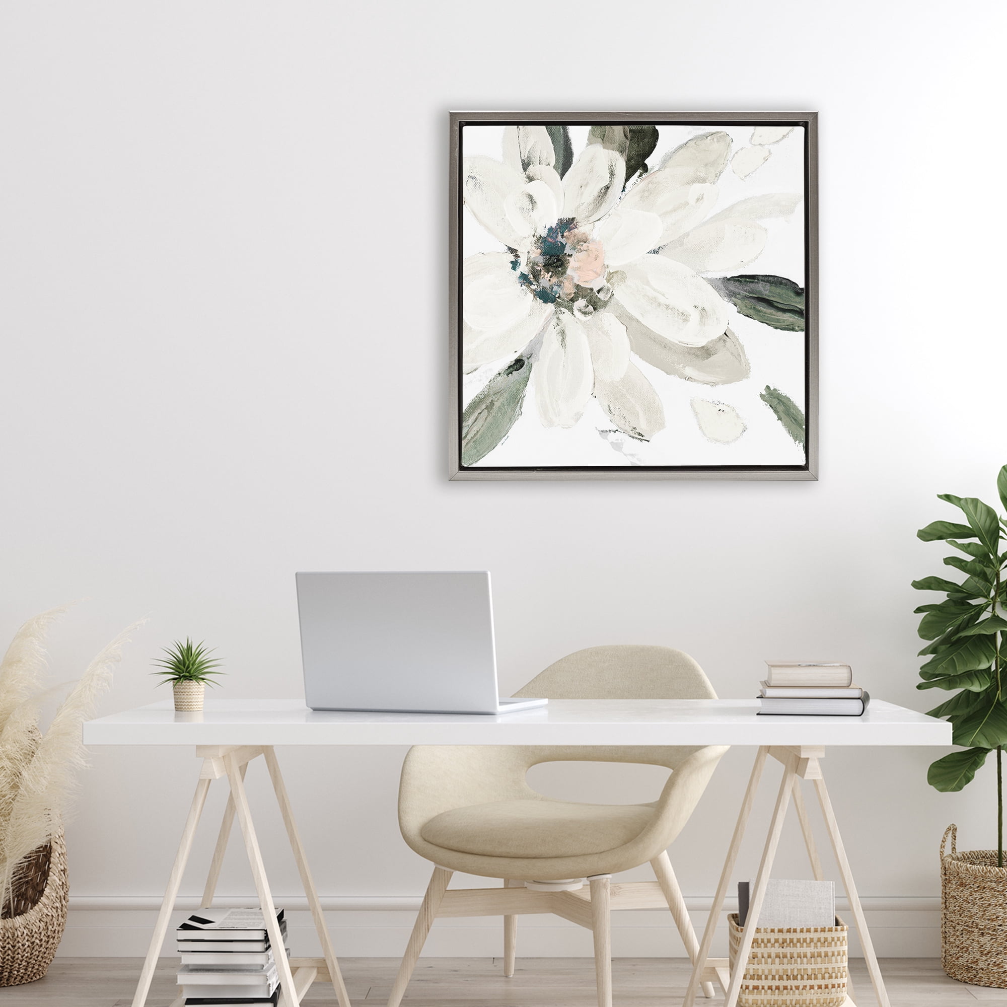 Stupell Industries Naturally Blooming White Flower Gray Framed Floater Canvas Wall Art, design by Lanie Loreth