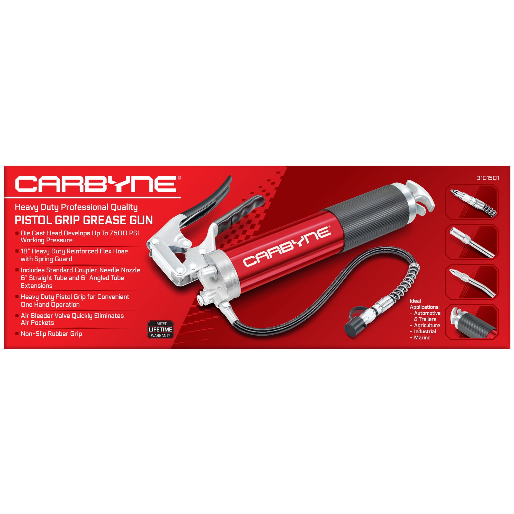 Carbyne Grease Gun, Pistol Grip, 7500 Psi, Anodized Aluminum Barrel, 3-Way Loading, 18 in. Hose, Straight and Angled Tubes, Needle Nozzle, Coupler