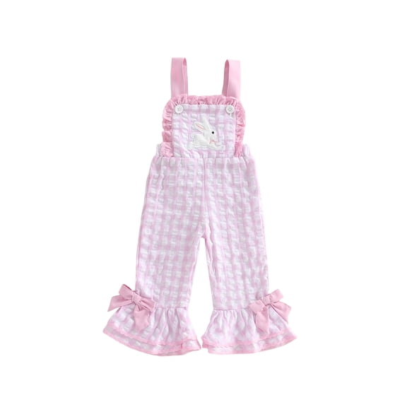 Toddler Baby Girl Easter Outfit Bunny Embroidery Sleeveless Romper Bell Bottom Overalls Suspender Jumpsuit Pants Cute Spring Fall Clothes