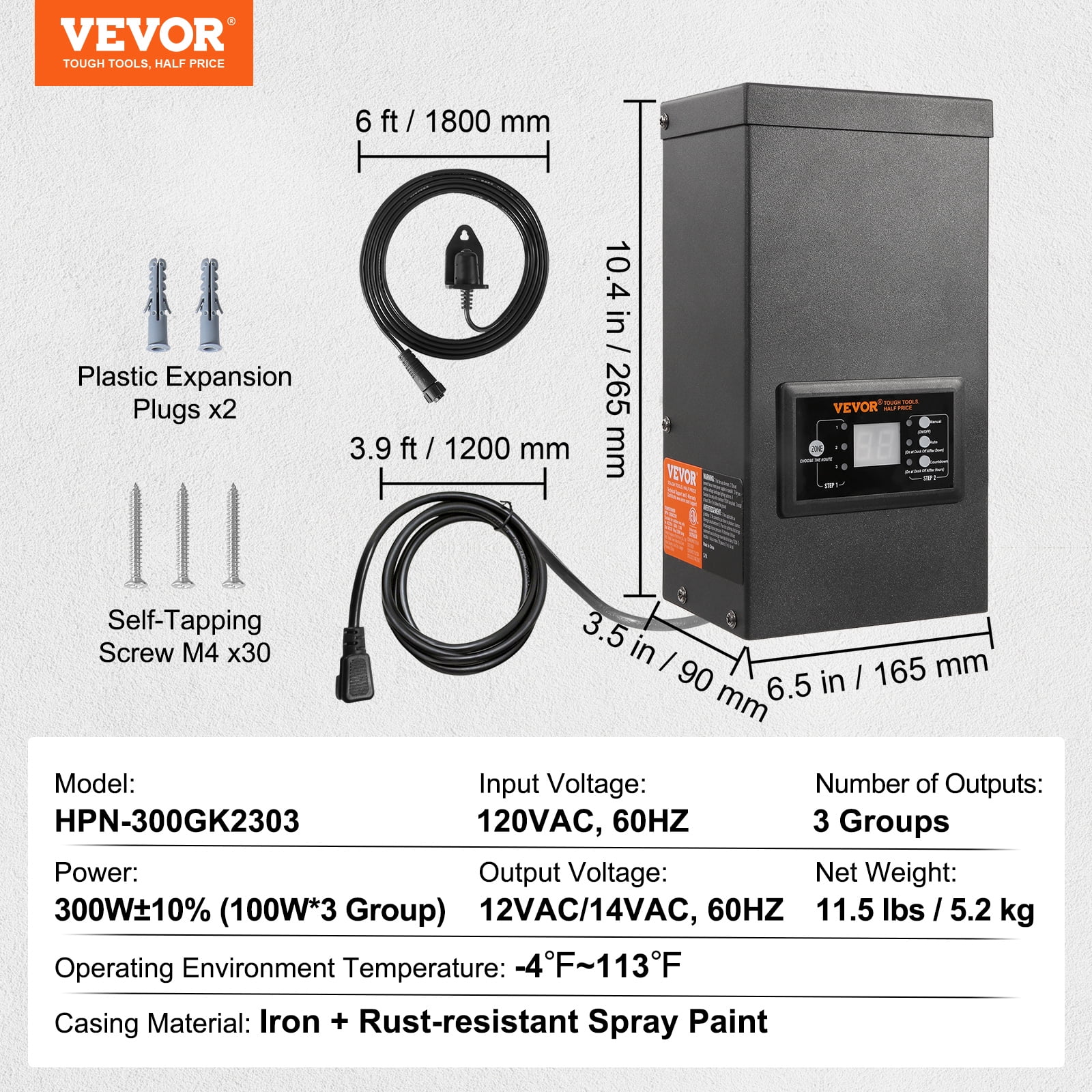 VEVOR 300W Low Voltage Landscape Transformer with Timer and Photocell Sensor, Waterproof Landscape Lighting Transformer, 120V AC to 12V/14V AC for Outdoor, Spotlight, Pathway Light, Pool light, ETL