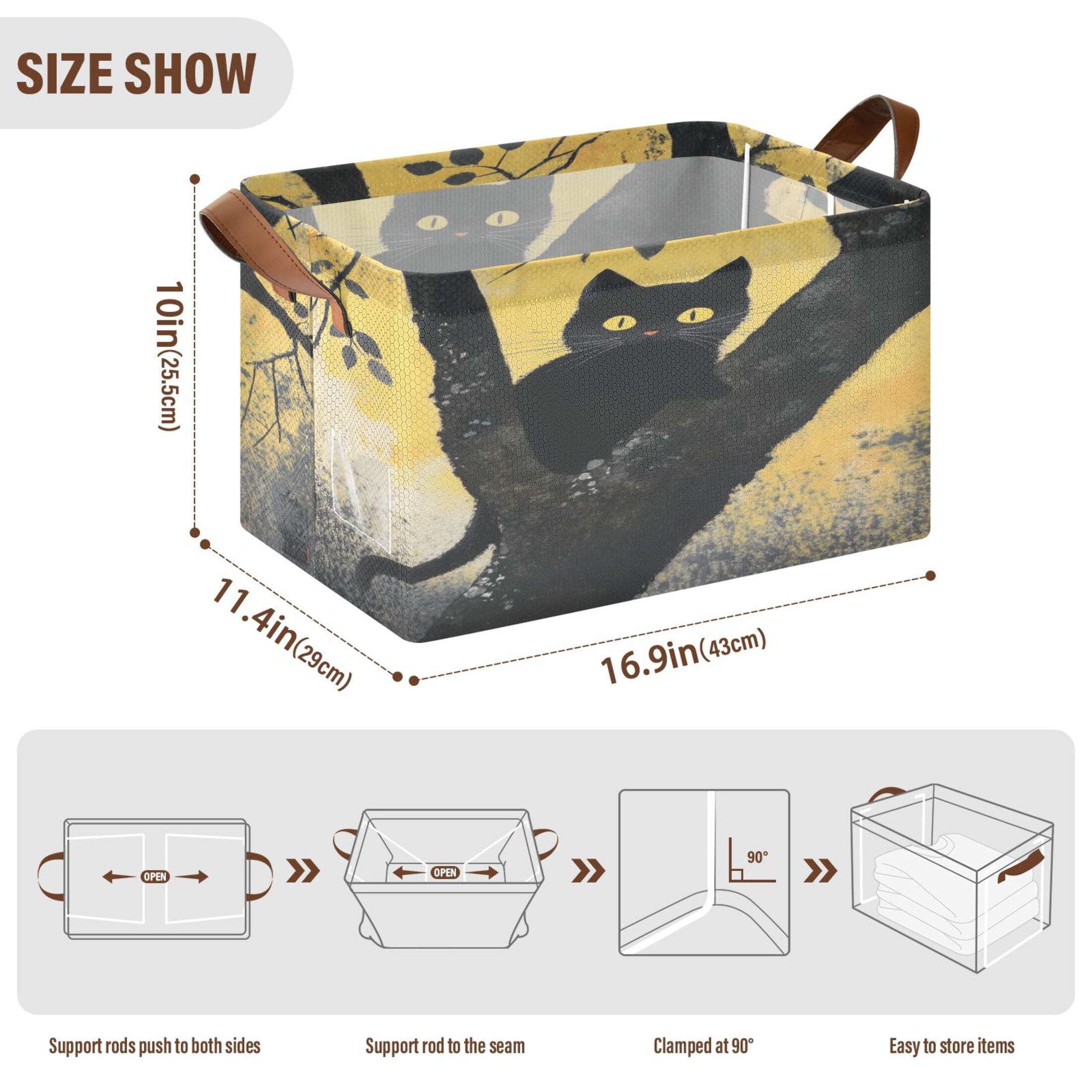 Black Cat Storage Basket Soccer Plaid Fabric Hoard Box Oversized Collapsible Closet Organizer with Metal Iron Frame 16.9×11.4×10in