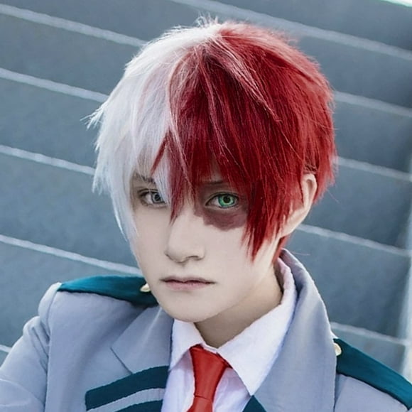Anogol Wig Cap+ Half Red Half White Color Wigs, Short Red Cosplay Wig Short White Wig for Anime Cosplay Synthetic Hair Half Color Mixed Color White and Red Costume Wig for Men Halloween Party Wig