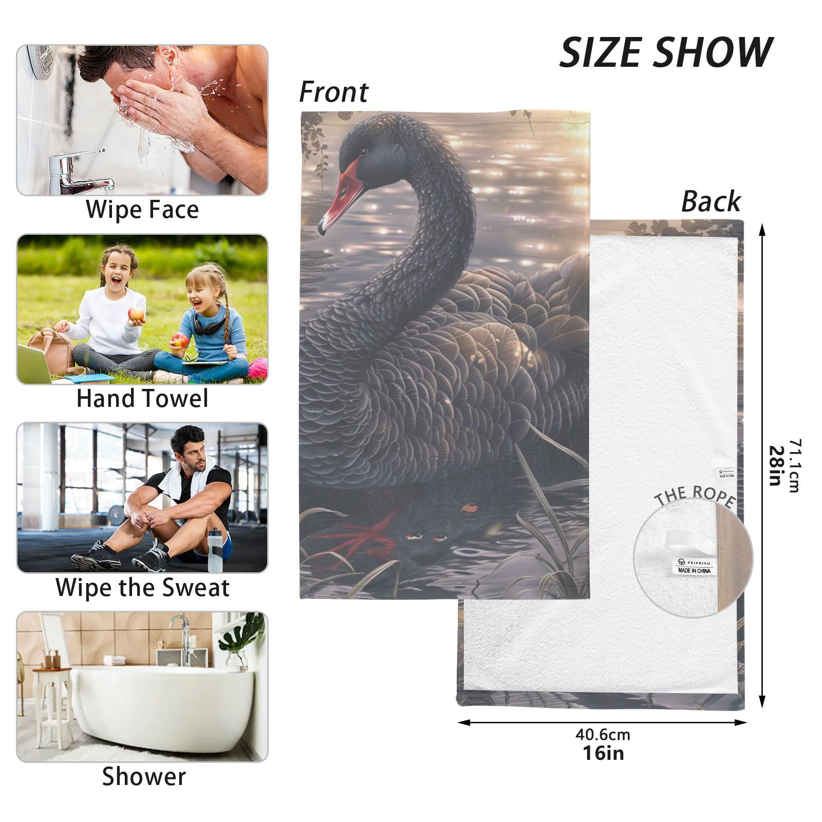 Black Swan Hand Towels Cotton Bath Towels Large Face Towels Absorbent for Bathroom 2 Packs