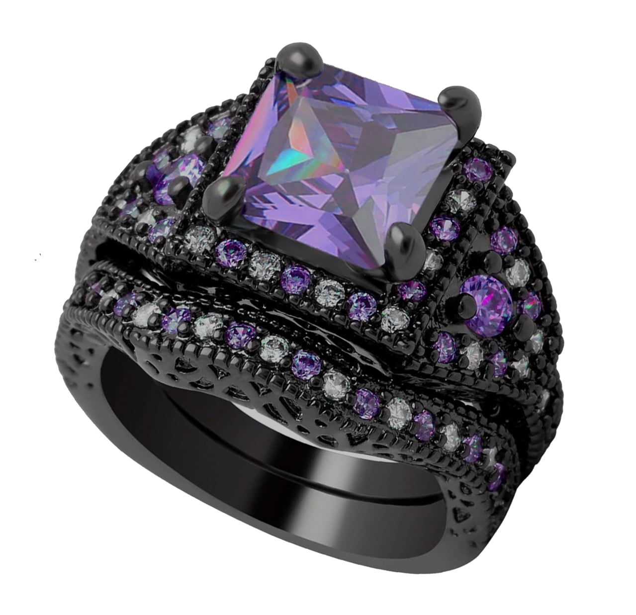 GLK Collection Layla Purple Flower Engagement Wedding Band Ring Bridal Set 