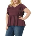 thumbnail image 4 of Agnes Orinda Women's Plus Size Valentines Day Tops V Neck Ruffle Sleeve Pleated Peplum Blouse 4X Purplish Red, 4 of 6