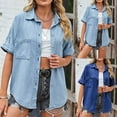 thumbnail image 7 of Lovskoo Denim Shirt Women Summer Tops Button Down Collared Short Sleeve Spring Solid Color Casual Lapel Denim Shirt Light Blue, 7 of 7