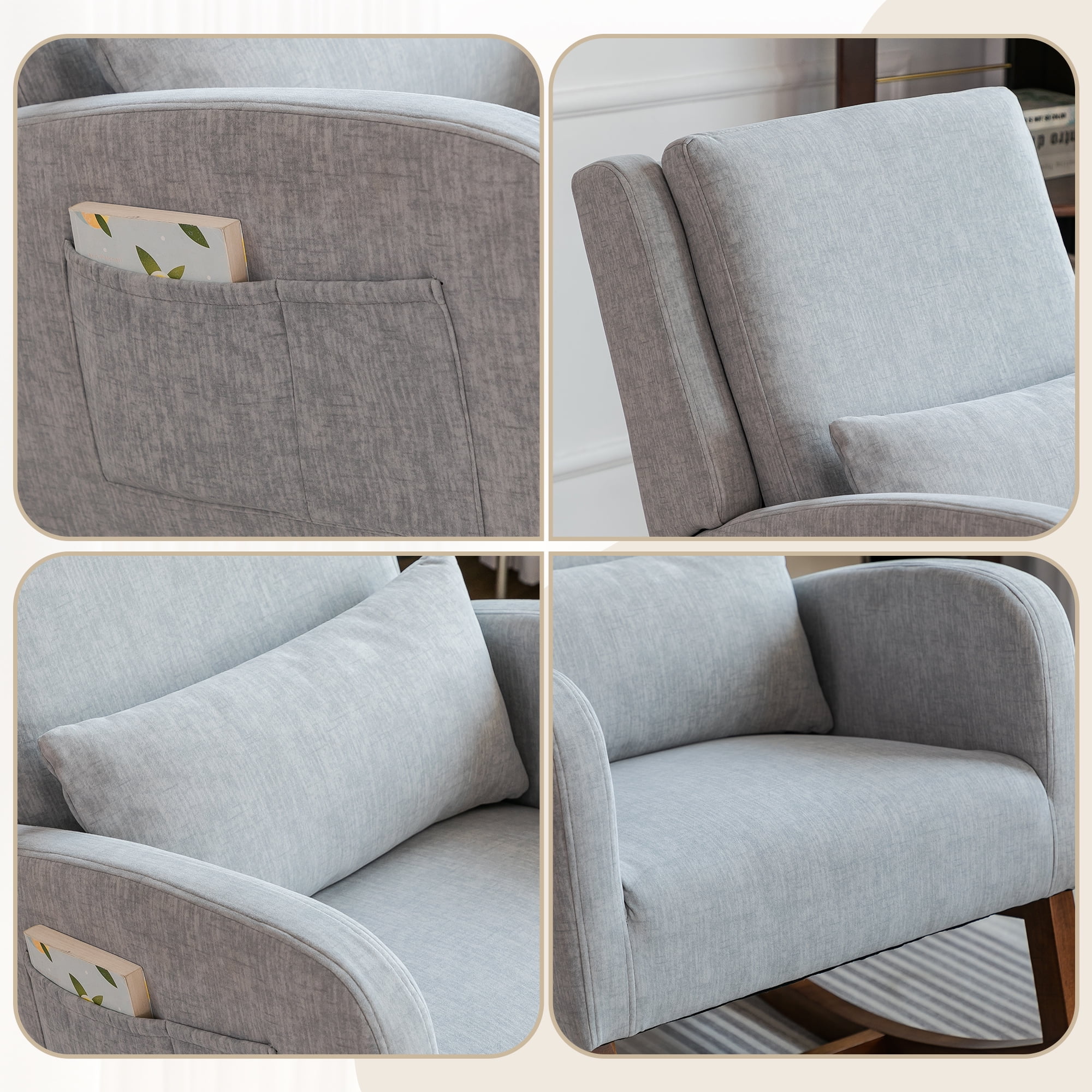 Nursery Rocking Chair, Indoor Upholstered Rocking Chair for Living Room, Modern Glider Rocker Chair w/Pillow, High Back Padded Seat Side Armchair (Grey)